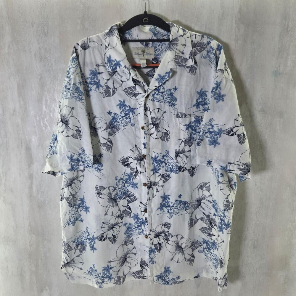 Island Shores Shirt Mens Large White Blue Hawaiian Floral Linen Button-Up Casual
